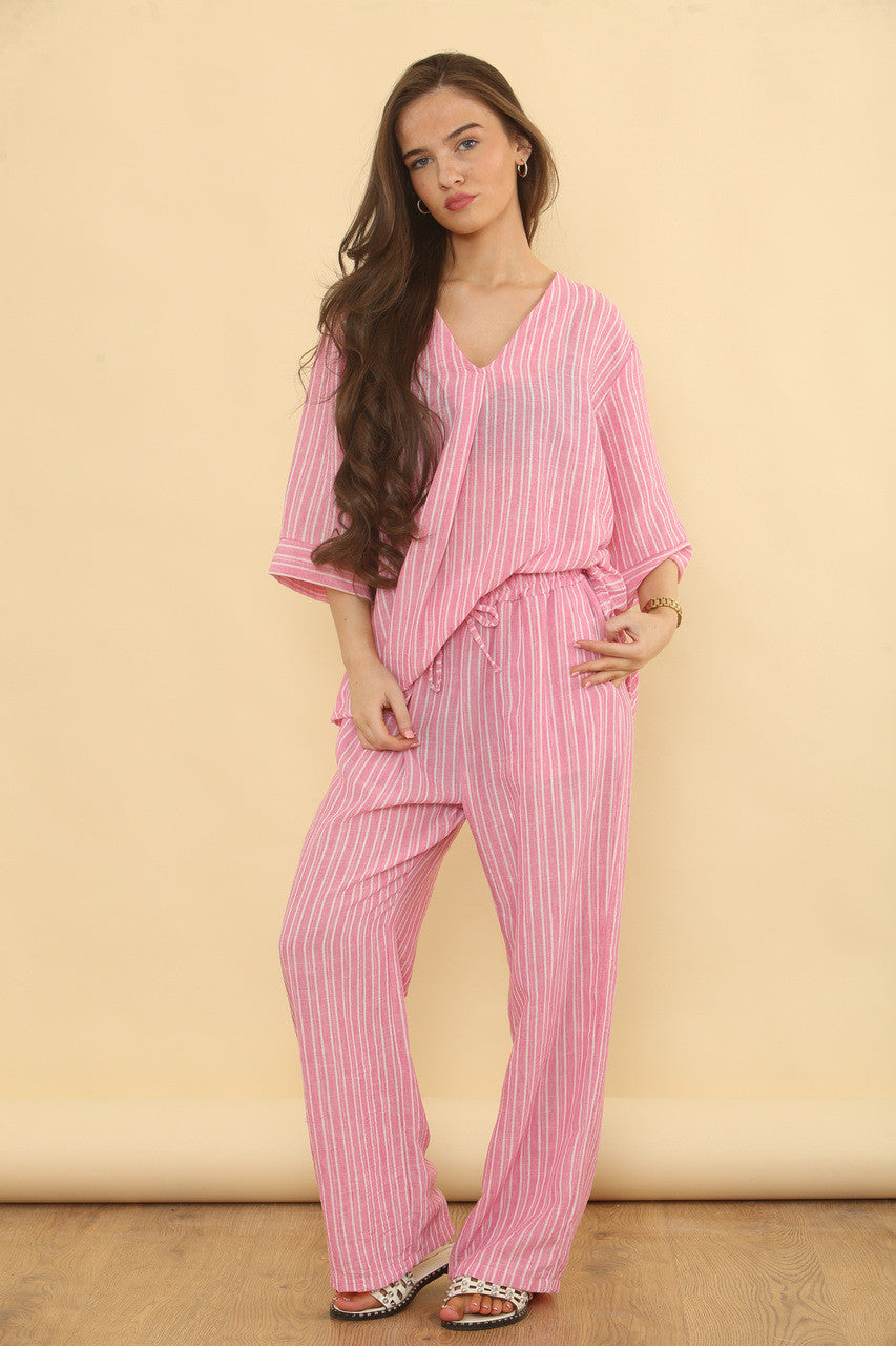 STREEPJES OVERHEMD LINNEN MIX BROEKPAK - CANDY PINK