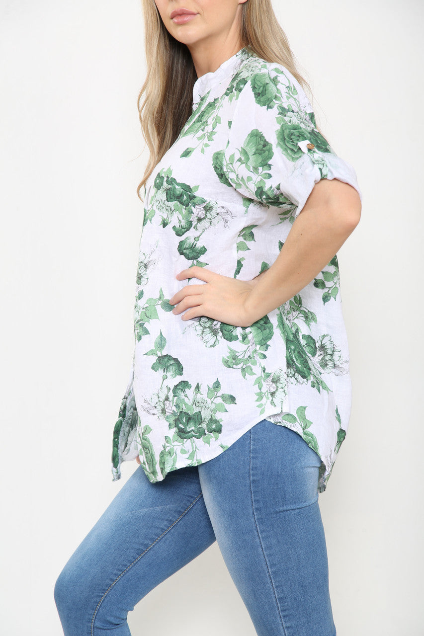 Ladies Rose Floral Print Linen Shirt Top Green