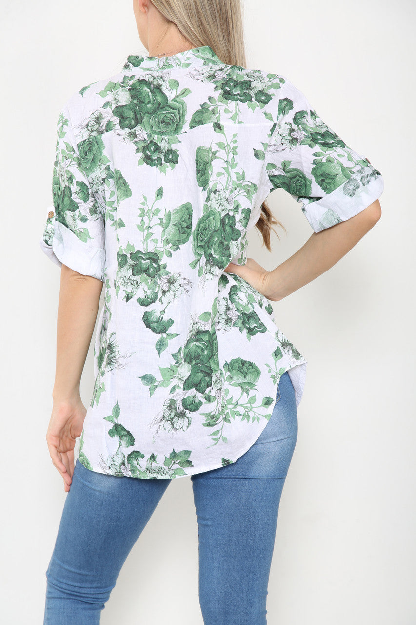 Ladies Rose Floral Print Linen Shirt Top Green