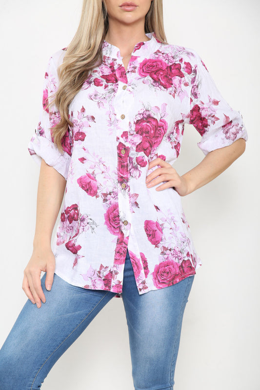 Ladies Rose Floral Print Linen Shirt Top Cerise
