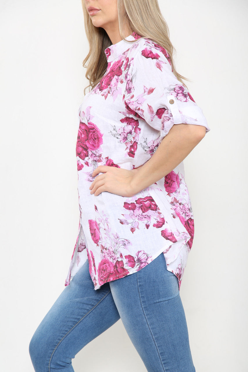 Ladies Rose Floral Print Linen Shirt Top Cerise