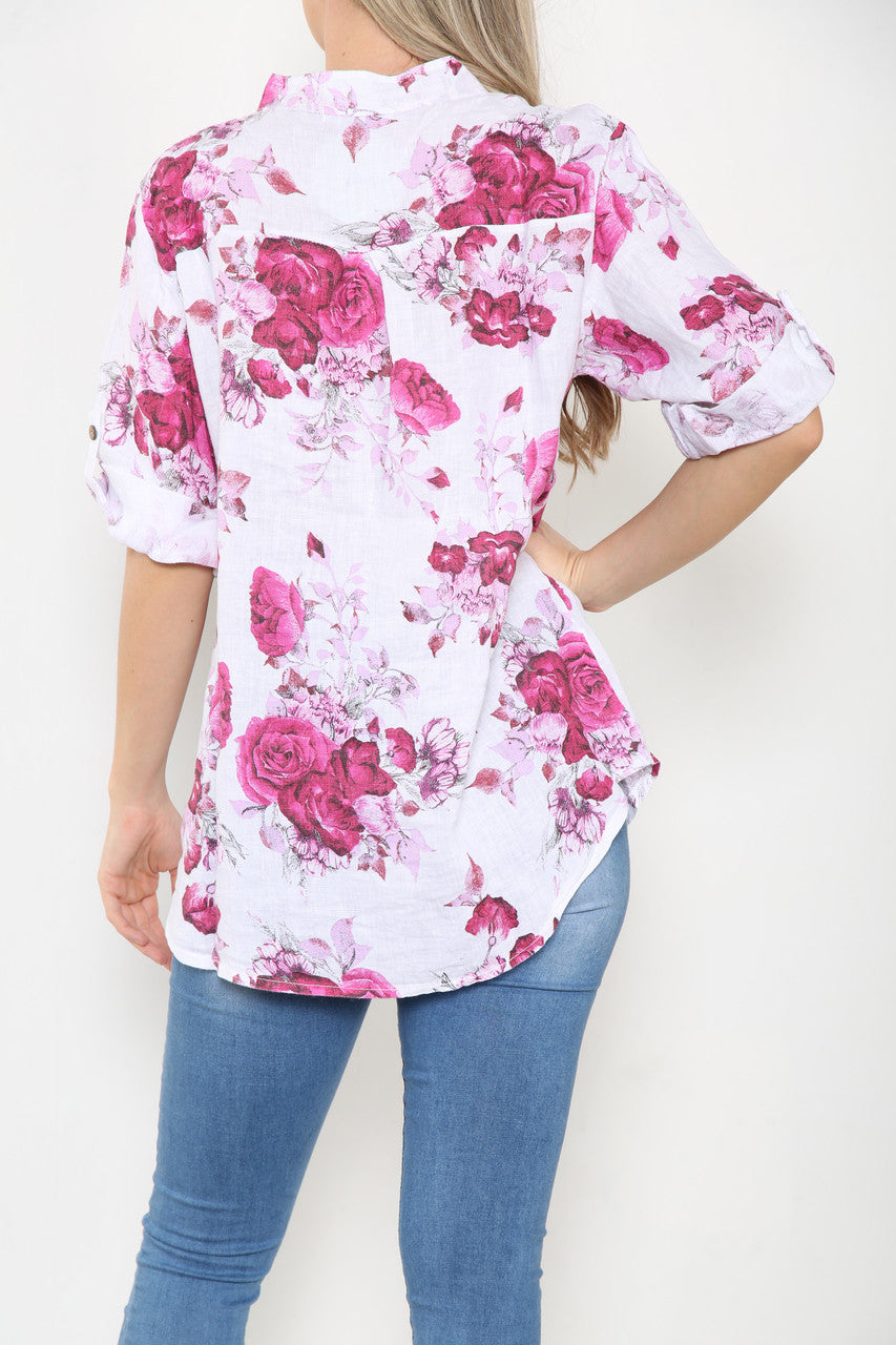 Ladies Rose Floral Print Linen Shirt Top Cerise