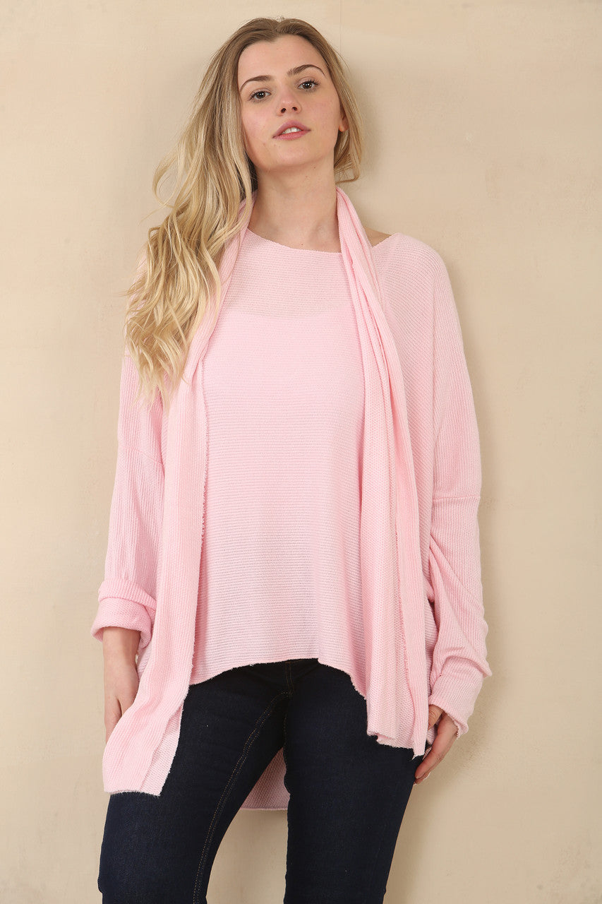 TEXTURED FINE KNIT TOP WITH SCARF - CANDY PINK