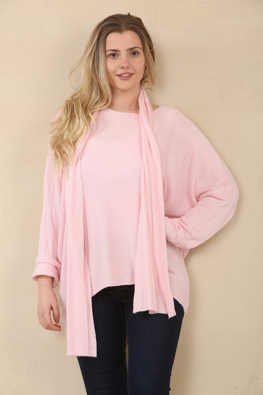 TEXTURED FINE KNIT TOP WITH SCARF - CANDY PINK