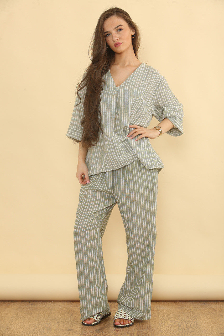 PARELMOER LINNEN MIX BROEK CO-ORD SET - KHAKI