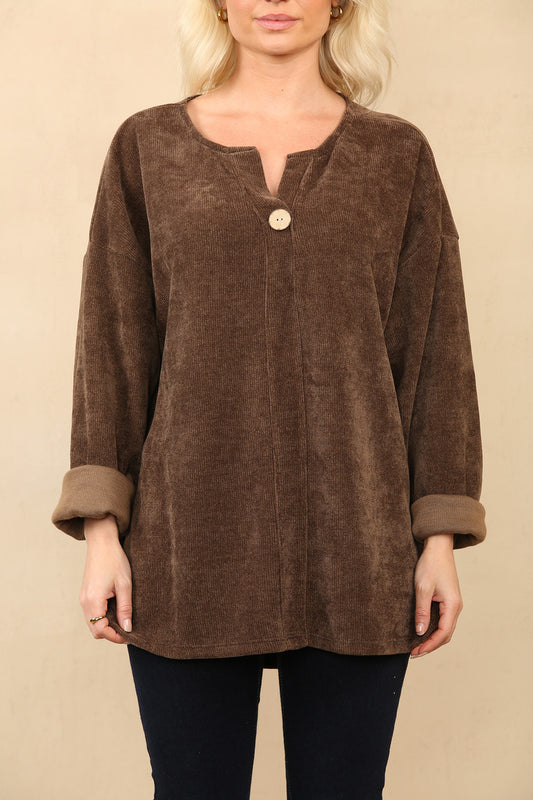 ONE BUTTON CORDUROY RIBBED TOP BROWN