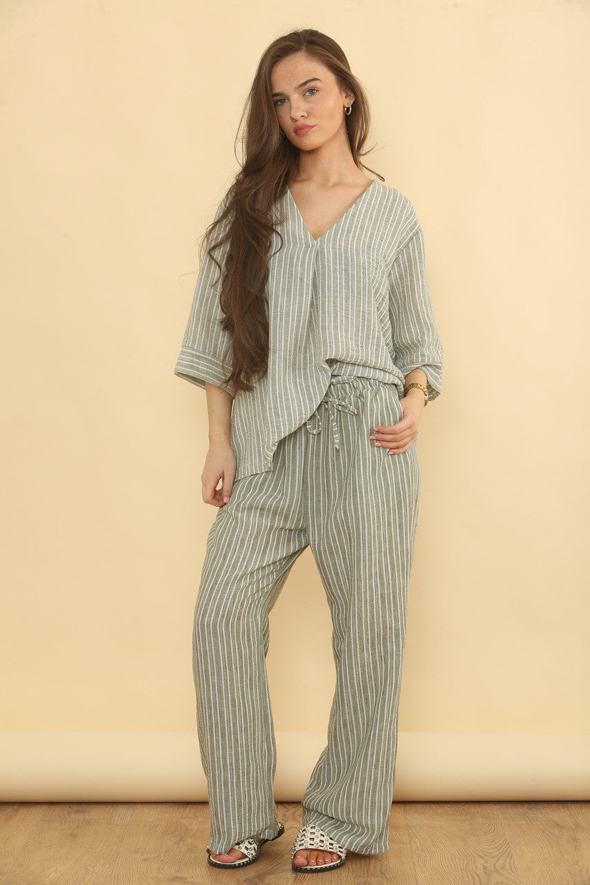 PINSTRIPE LINNEN MIX BROEK - KHAKI