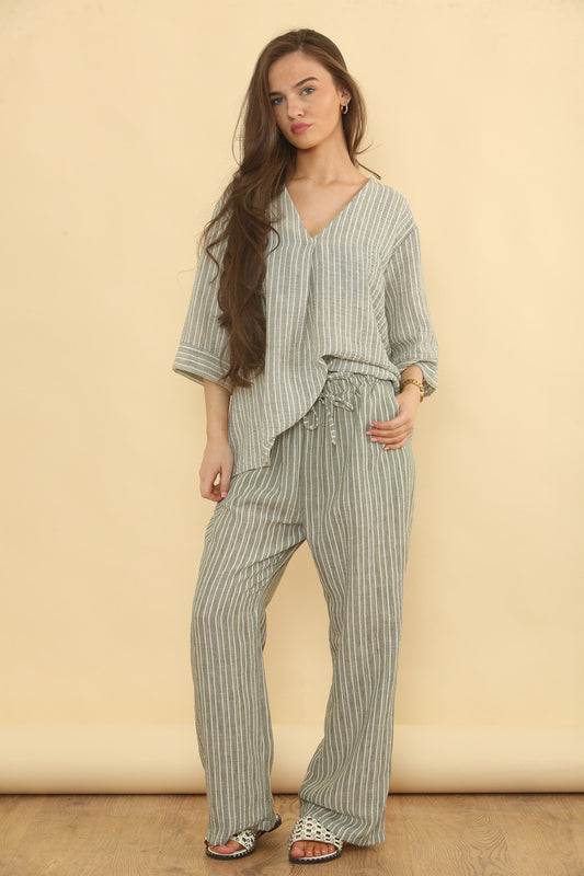 PARELMOER LINNEN MIX BROEK CO-ORD SET - KHAKI