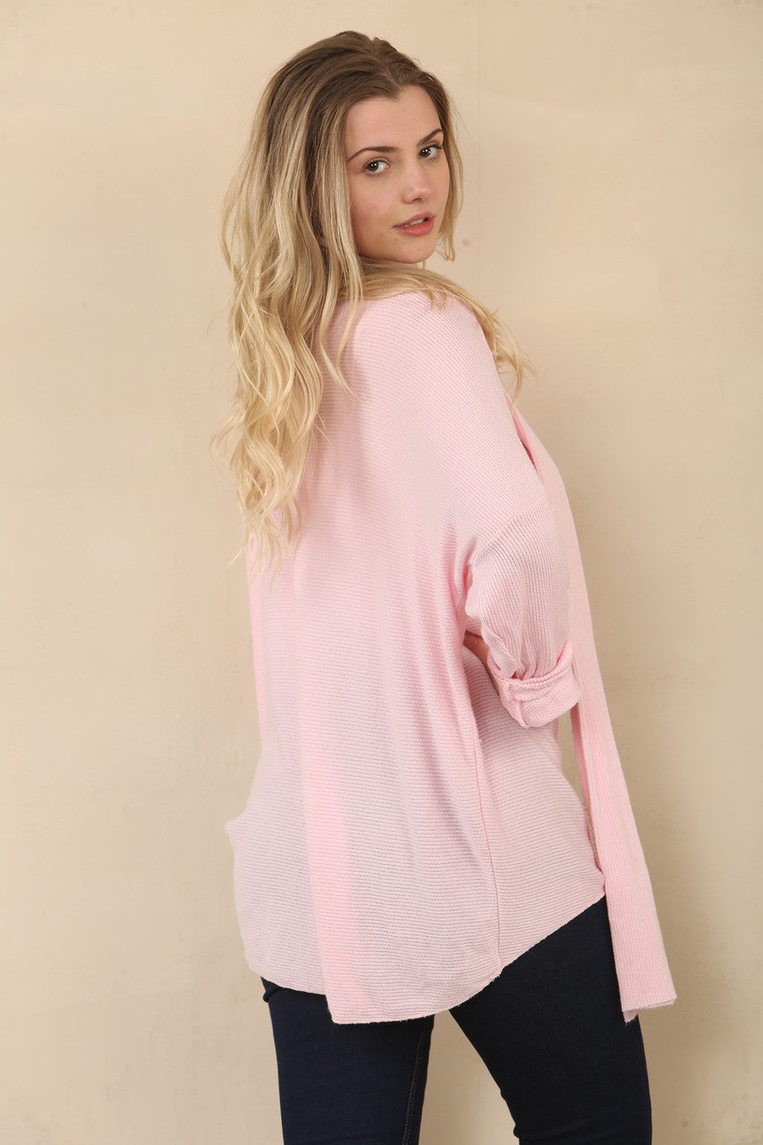 TEXTURED FINE KNIT TOP WITH SCARF - CANDY PINK