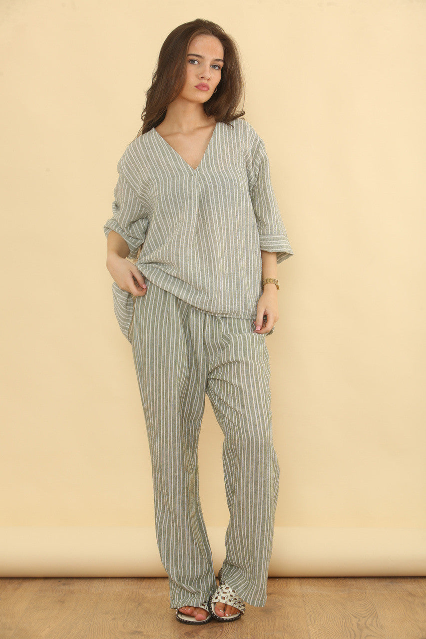 PARELMOER LINNEN MIX BROEK CO-ORD SET - KHAKI