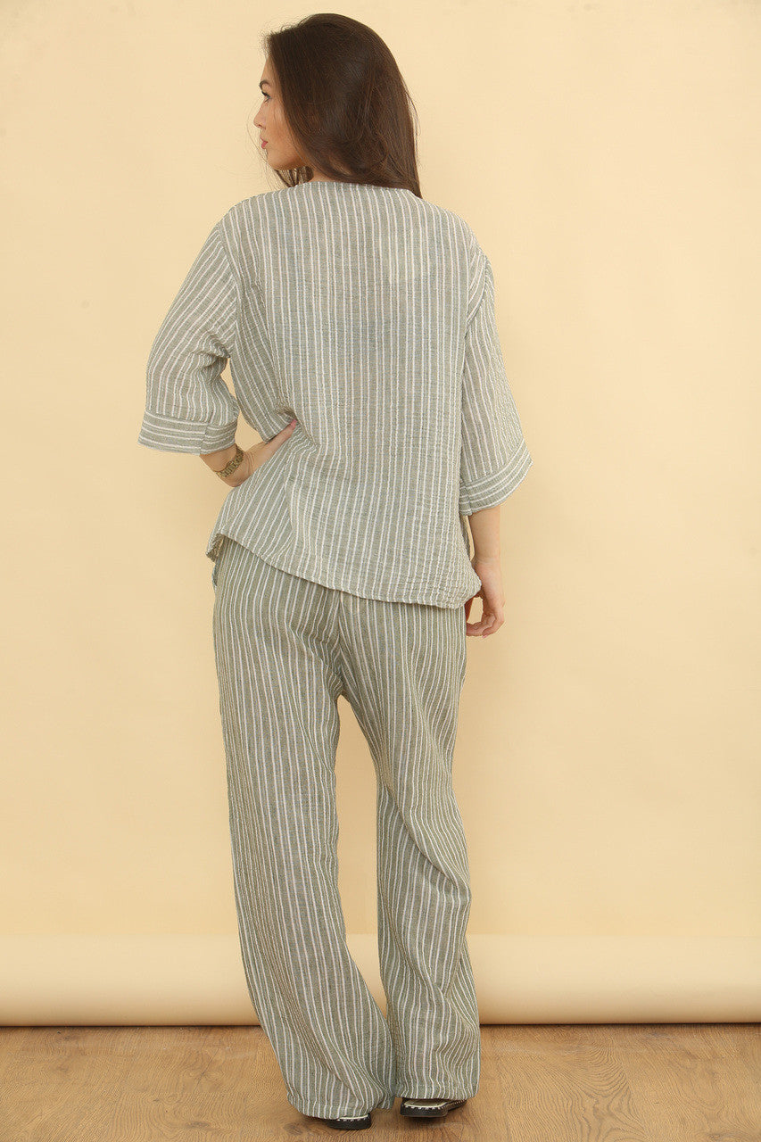 PINSTRIPE LINNEN MIX BROEK - KHAKI