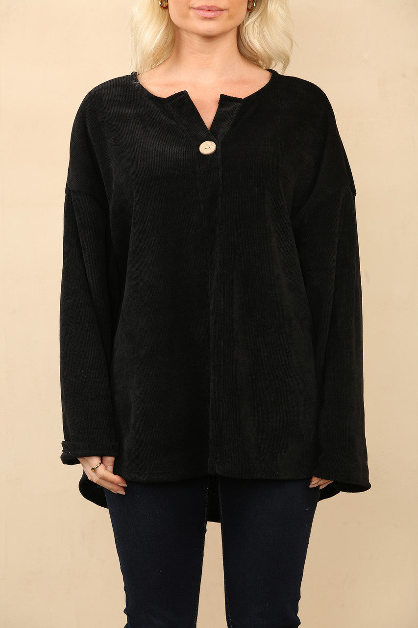 EENKNOOPS CORDUROY GERIBBELDE TOP ZWART