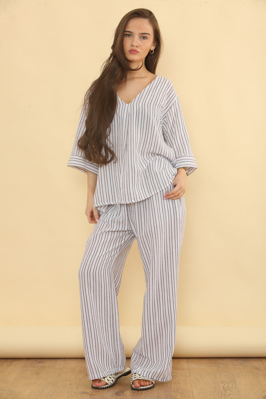 PINSTRIPE LINEN MIX TROUSERS - WHITE