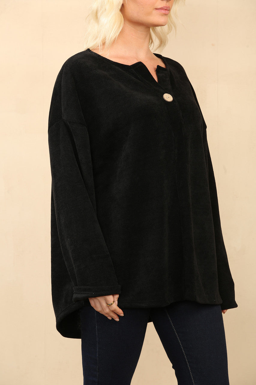 EENKNOOPS CORDUROY GERIBBELDE TOP ZWART