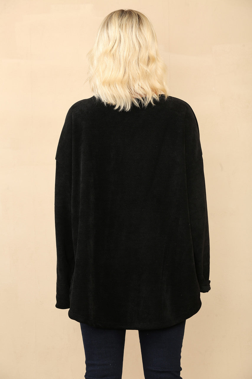 EENKNOOPS CORDUROY GERIBBELDE TOP ZWART