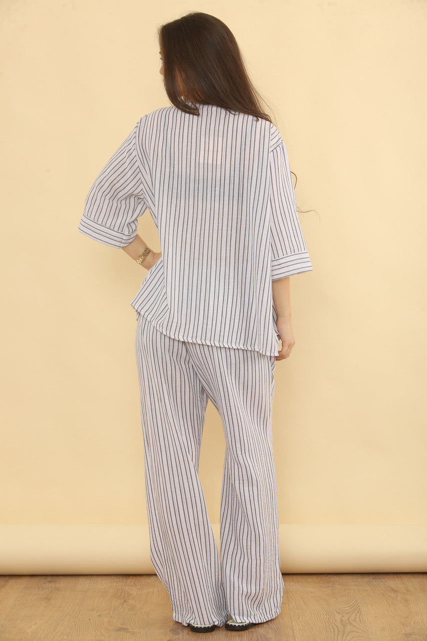 PINSTRIPE LINEN MIX TROUSERS - WHITE