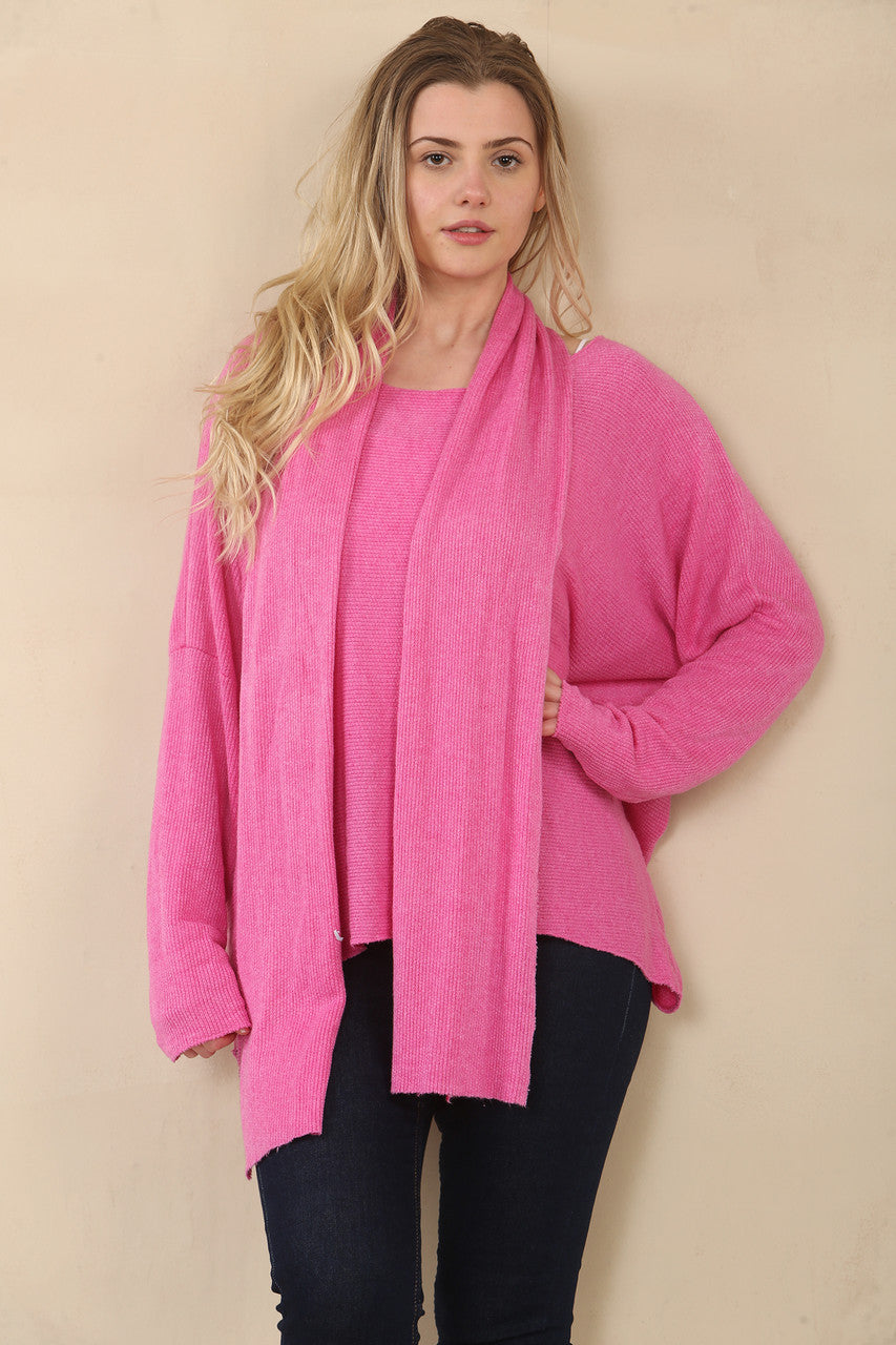 TEXTURED FINE KNIT TOP WITH SCARF - CERISE