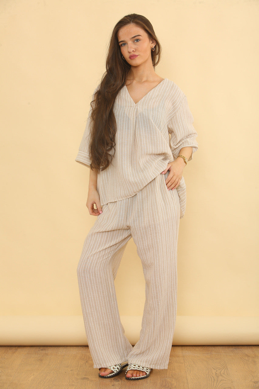 CO-ORD SET PINSTRIPE BROEK VAN LINNENMIX - STEENKLEURIG