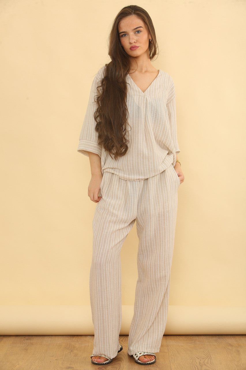 CO-ORD SET PINSTRIPE BROEK VAN LINNENMIX - STEENKLEURIG