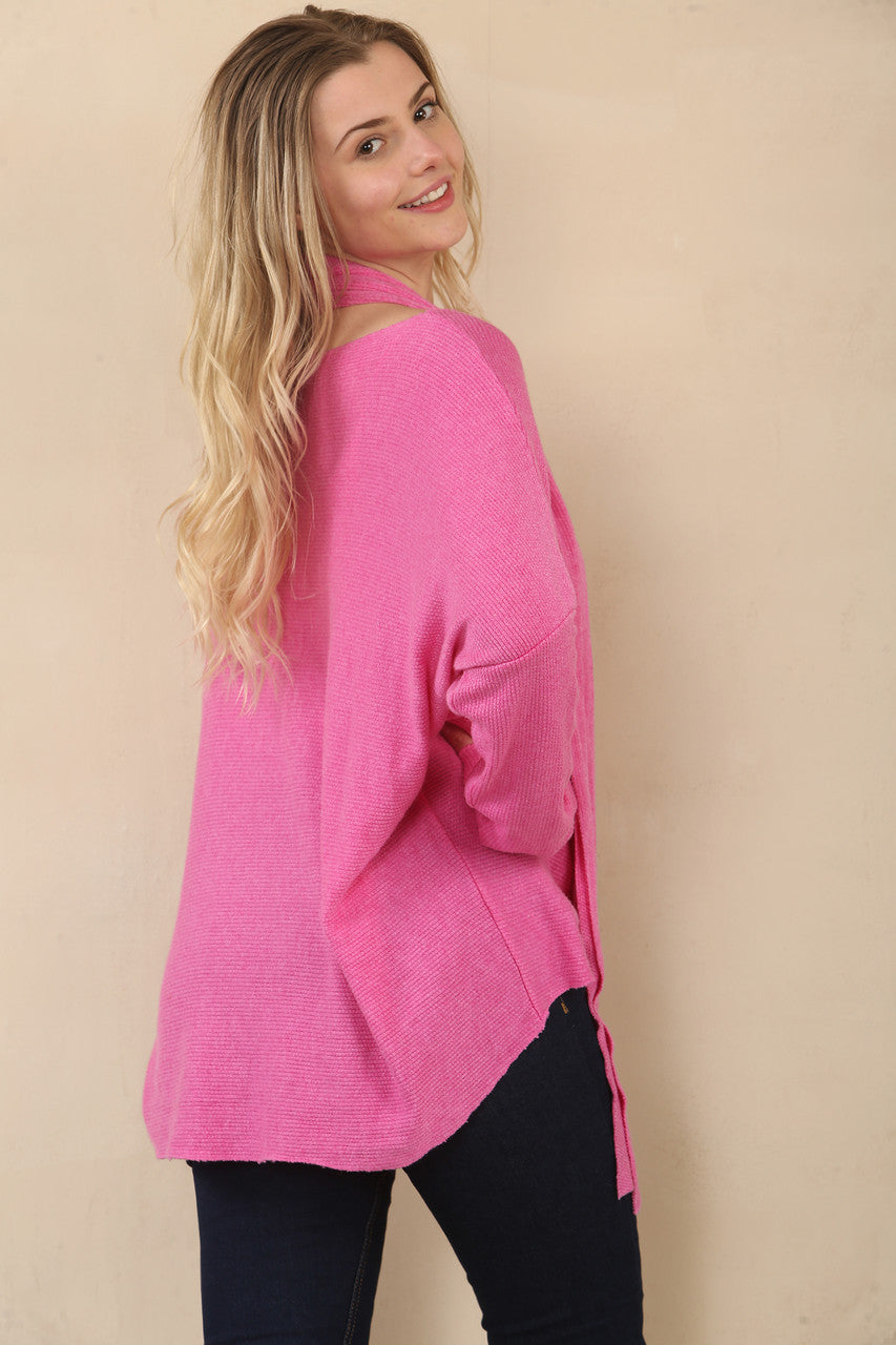 TEXTURED FINE KNIT TOP WITH SCARF - CERISE