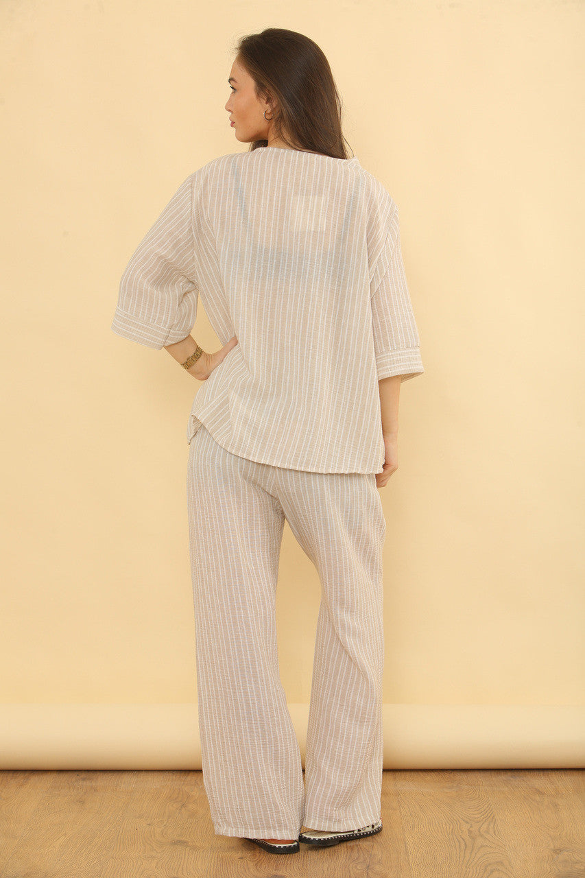 CO-ORD SET PINSTRIPE BROEK VAN LINNENMIX - STEENKLEURIG