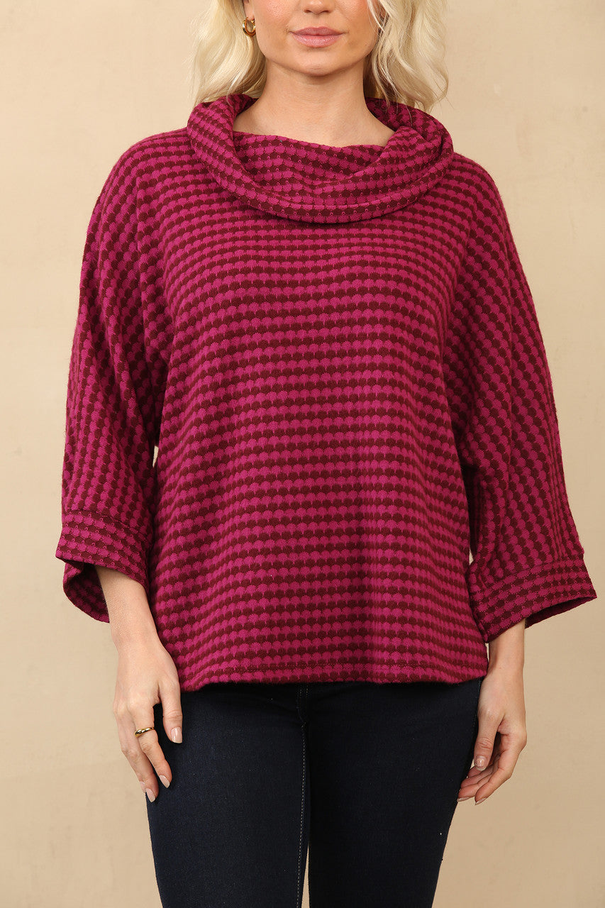 TRICOTTRUI MET COWLNECK EN HONDENTANDPRINT KERS/ROOD