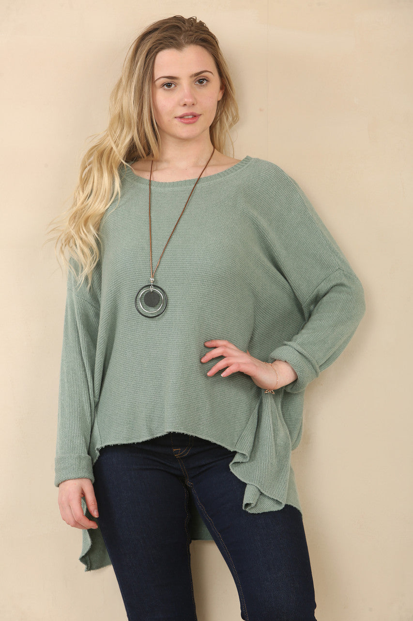TEXTURED FINE KNIT HANKY HEM TOP - KHAKI