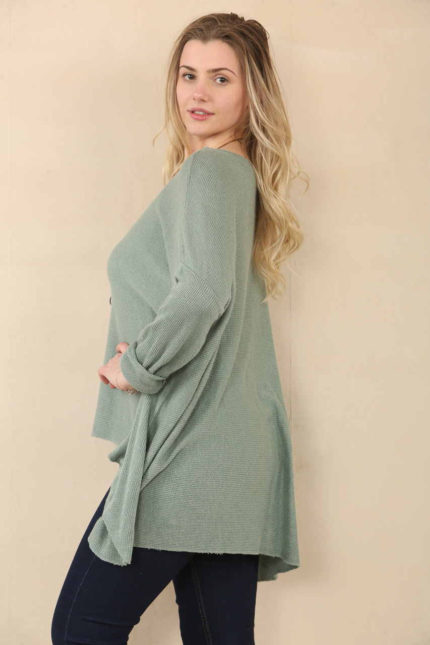 TEXTURED FINE KNIT HANKY HEM TOP - KHAKI