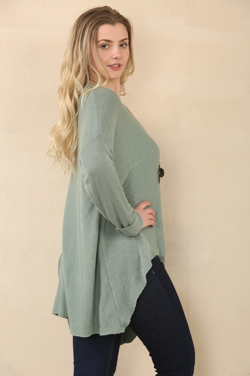 TEXTURED FINE KNIT HANKY HEM TOP - KHAKI