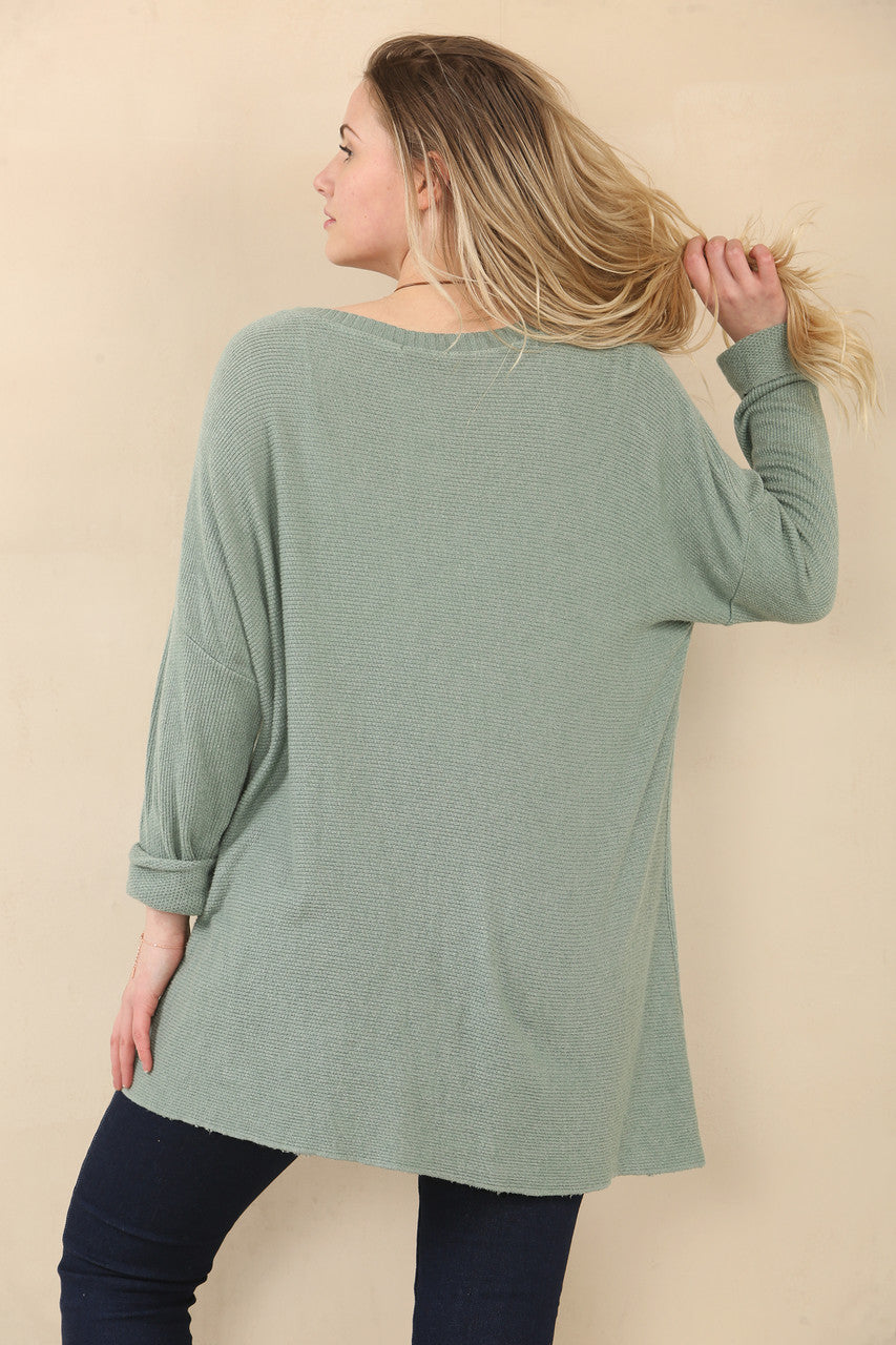 TEXTURED FINE KNIT HANKY HEM TOP - KHAKI