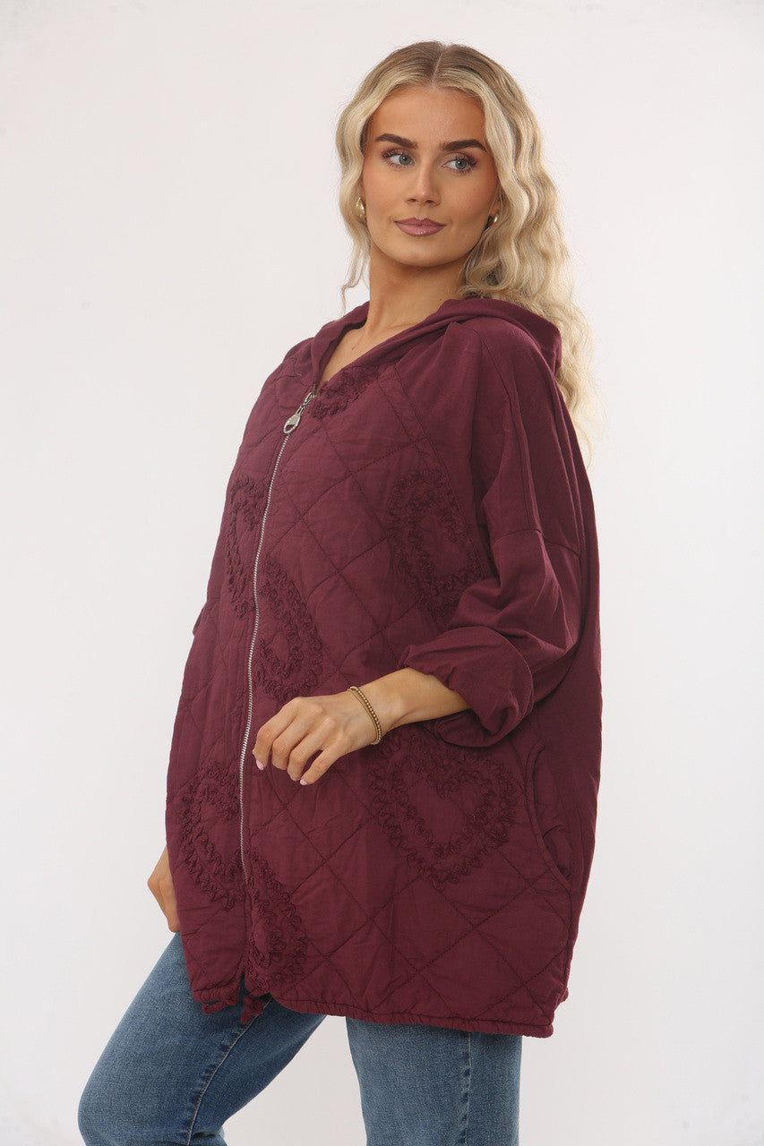 QUILTED HEART DETAIL HOODED JACKET - WINE
