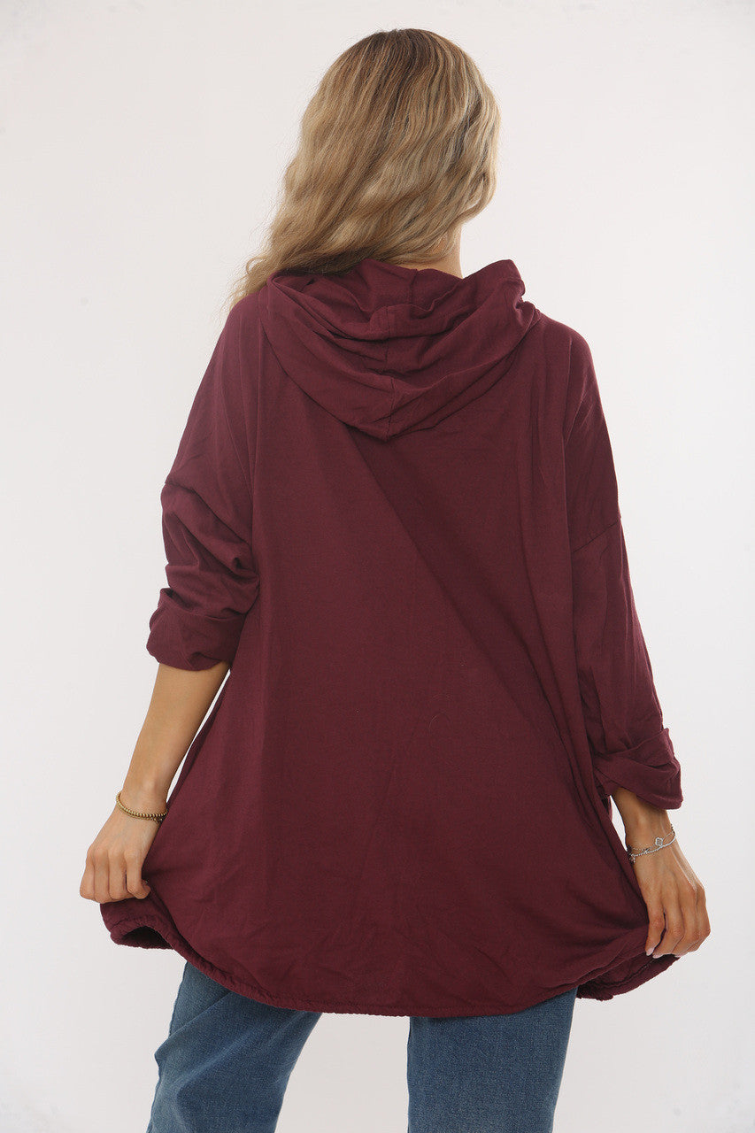QUILTED HEART DETAIL HOODED JACKET - WINE