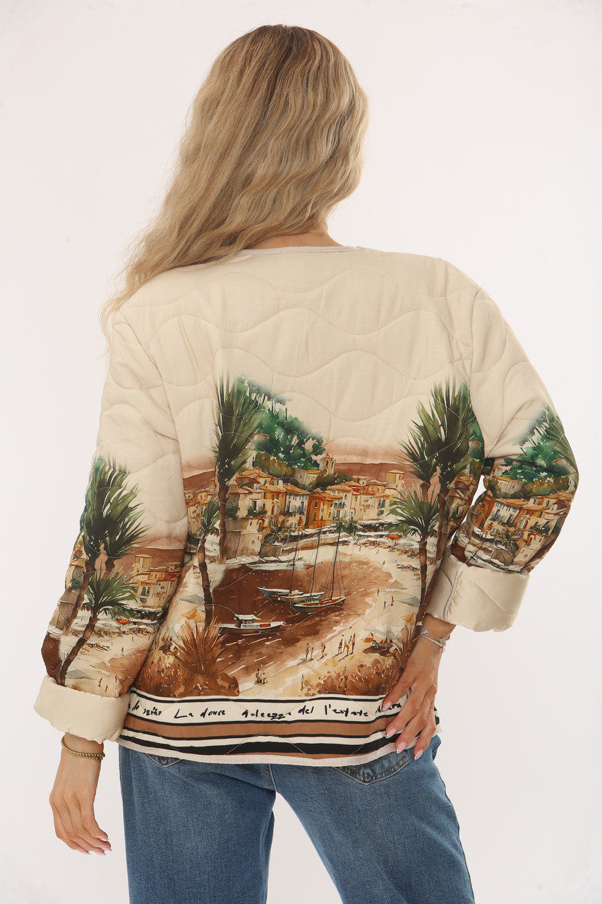 GEWATTEERDE JAS MET LANDSCHAPSPRINT - BEIGE