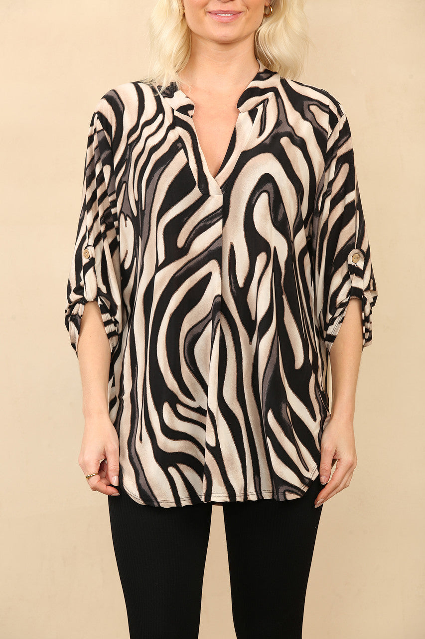 ZEBRA PRINT V-HALS BLOUSE TOP ZWART