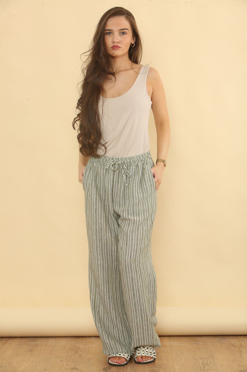 PINSTRIPE LINNEN MIX BROEK - KHAKI