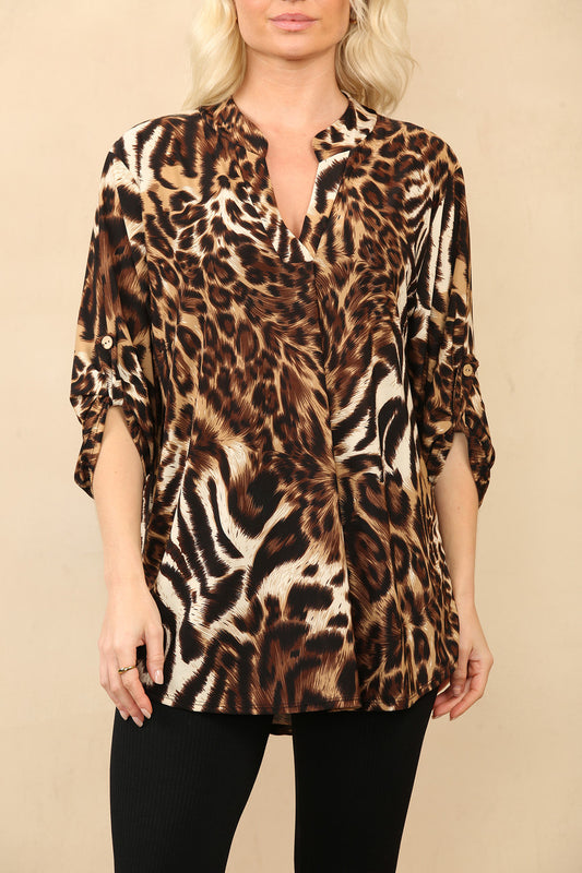BLOUSE MET V-HALS EN MIX VAN TIJGER- EN LUIPAARDPRINT BRUIN