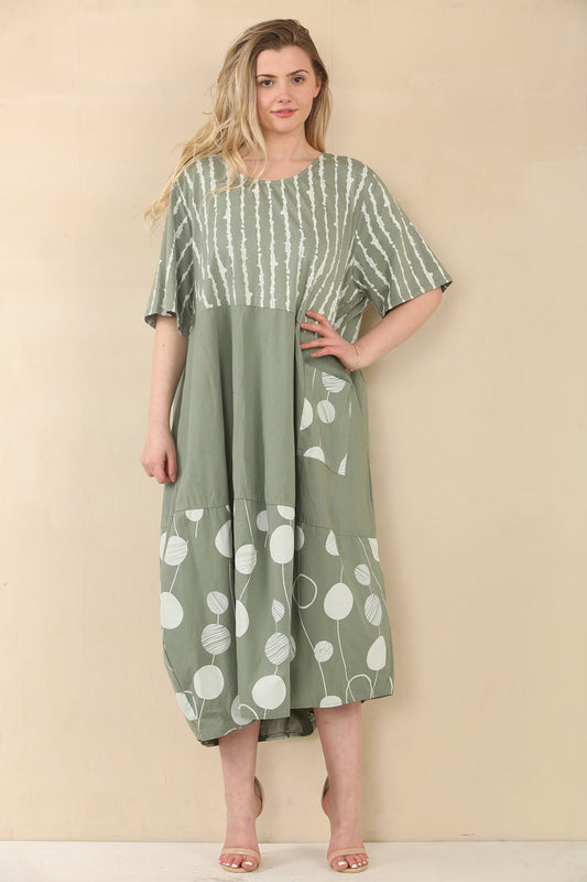 SPOTS & STRIPES DRESS - KHAKI
