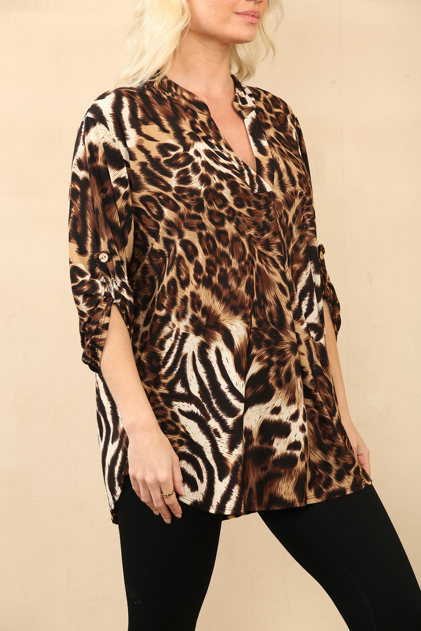 TIGER LEOPARD MIX PRINT V-NECK BLOUSE TOP BROWN