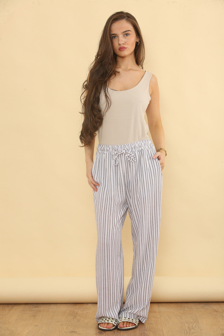 PINSTRIPE LINEN MIX TROUSERS - WHITE
