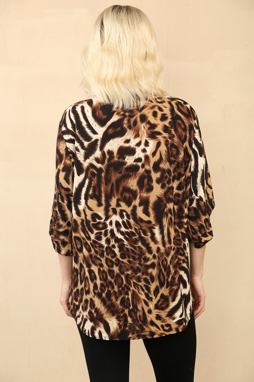 TIGER LEOPARD MIX PRINT V-NECK BLOUSE TOP BROWN