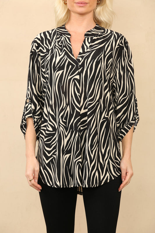 BLOUSE MET V-HALS EN TIJGERPRINT ZWART