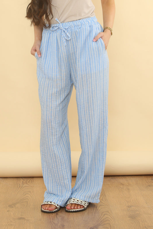 PINSTRIPE LINEN MIX TROUSERS - LIGHT BLUE