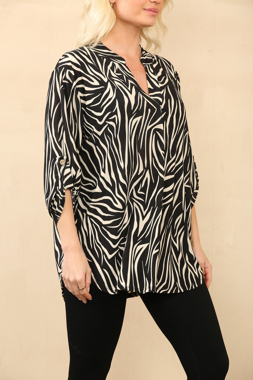 BLOUSE MET V-HALS EN TIJGERPRINT ZWART