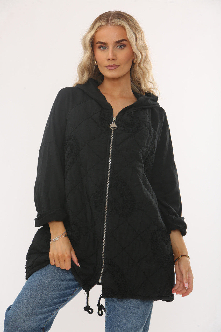 QUILTED HEART DETAIL HOODED JACKET - BLACK