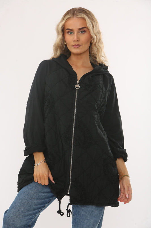 QUILTED HEART DETAIL HOODED JACKET - BLACK