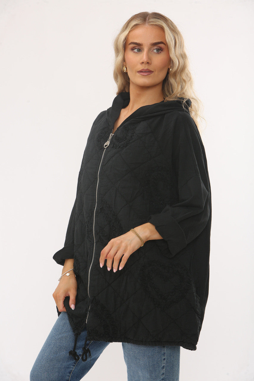 QUILTED HEART DETAIL HOODED JACKET - BLACK