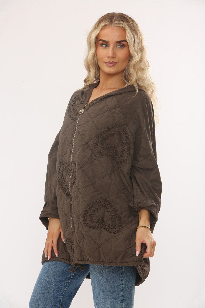 QUILTED HEART DETAIL HOODED JACKET - CHOCOLATE