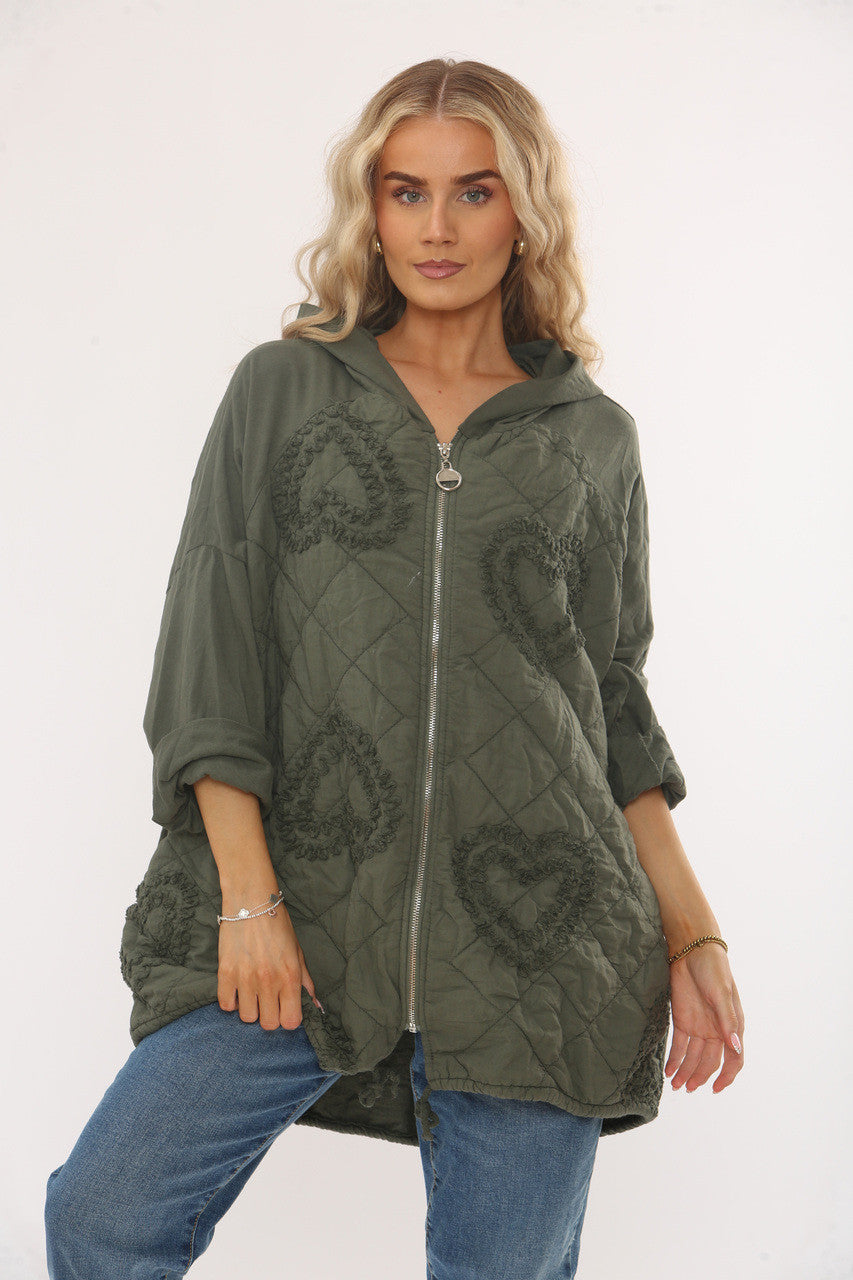 QUILTED HEART DETAIL HOODED JACKET - KHAKI