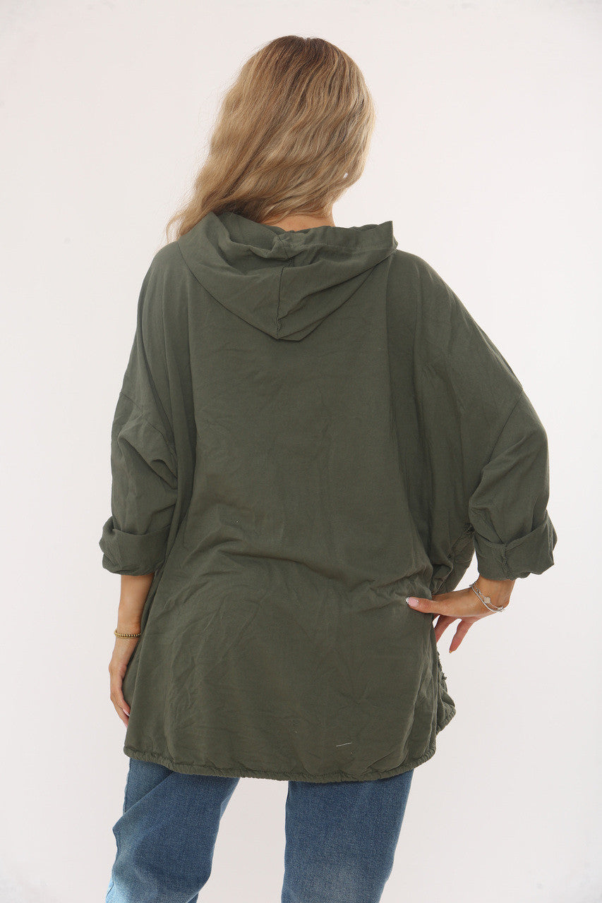 QUILTED HEART DETAIL HOODED JACKET - KHAKI