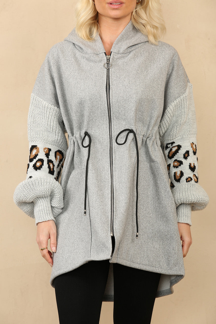 GEBREID HOODIEJACK MET LEOPARDPRINT EN MOUWEN GRIJS